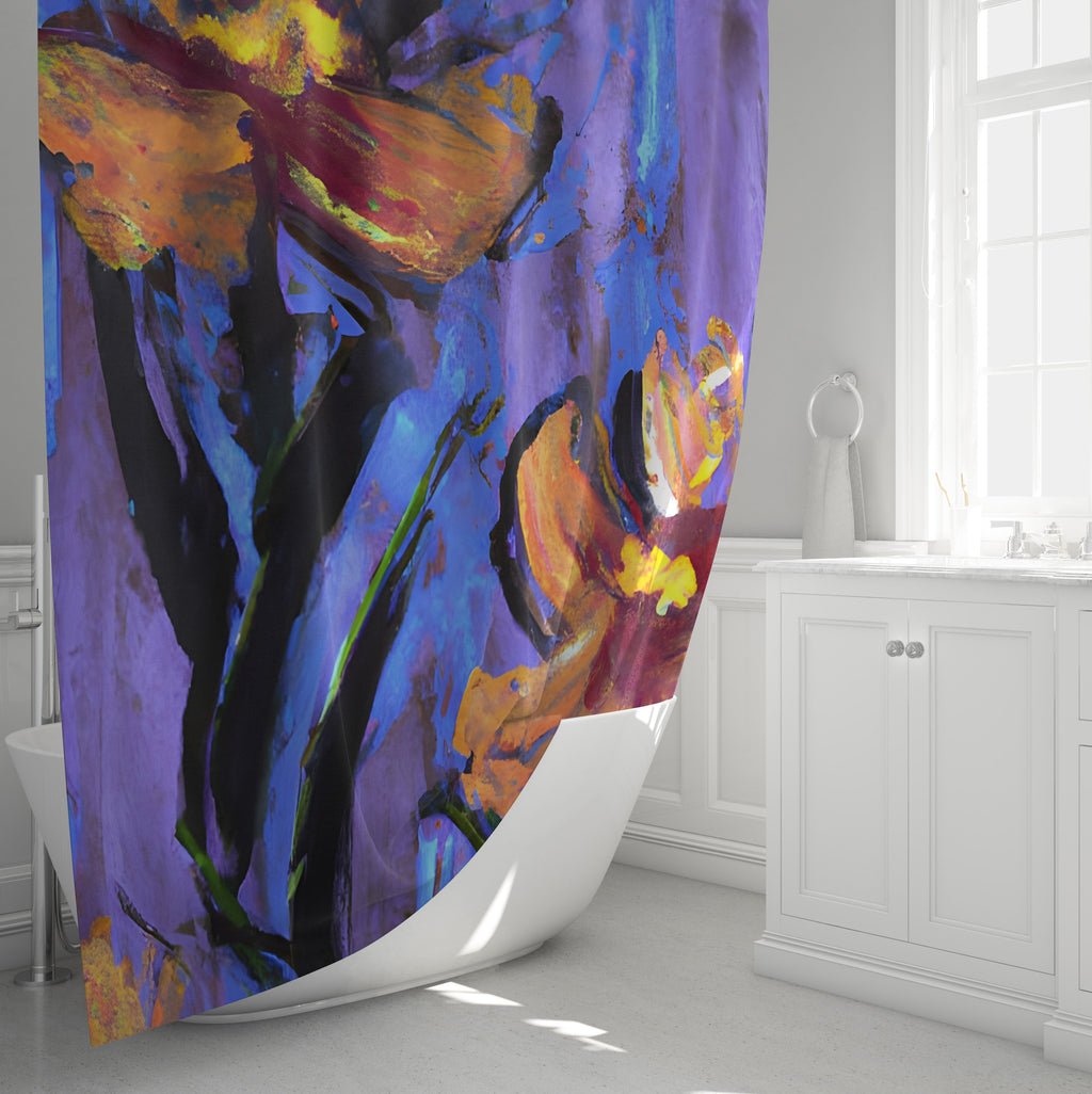 Watercolor Floral Shower Curtain - Purple and Orange Dainty Floral Print - Deja Blue Studios