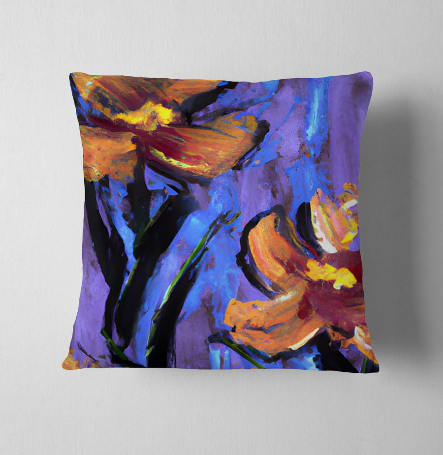 Purple and Orange Floral Expression Artwork Throw Pillow Cover
