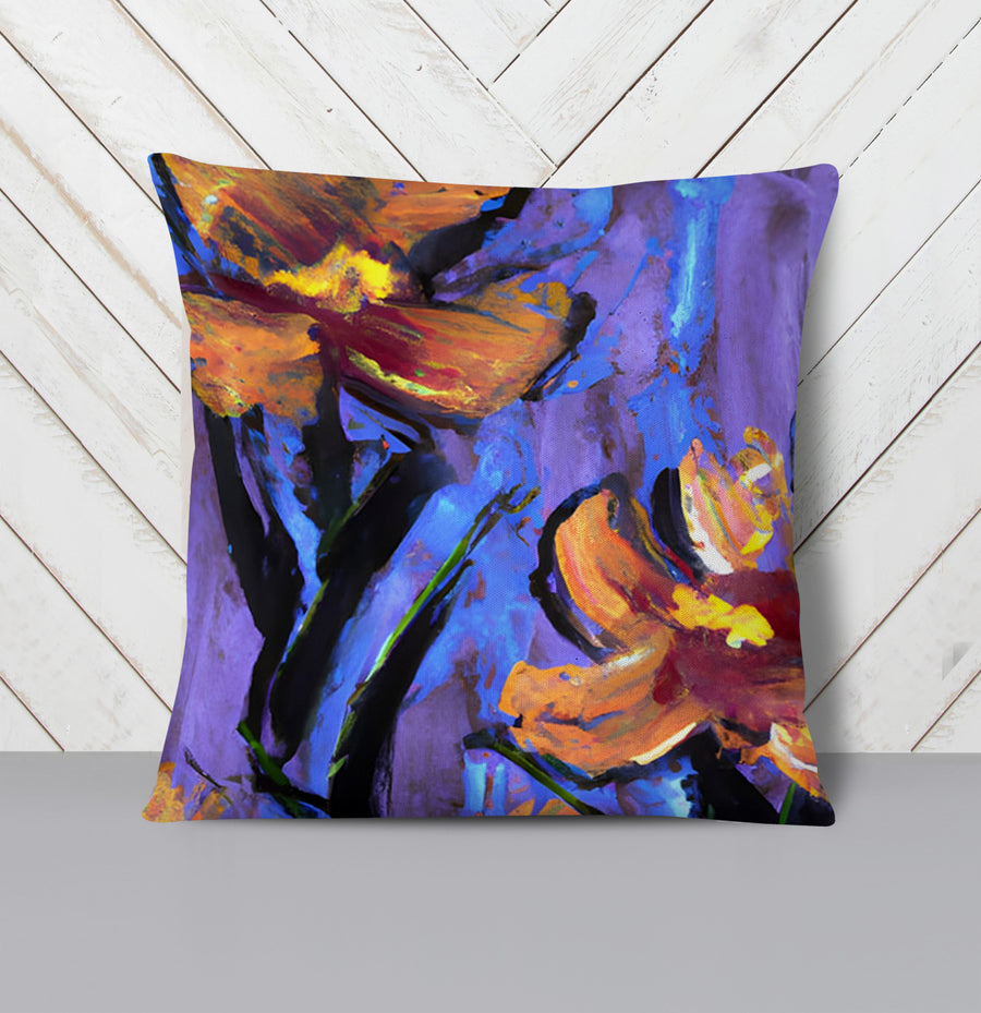 Purple and Orange Floral Expression Artwork Throw Pillow Cover