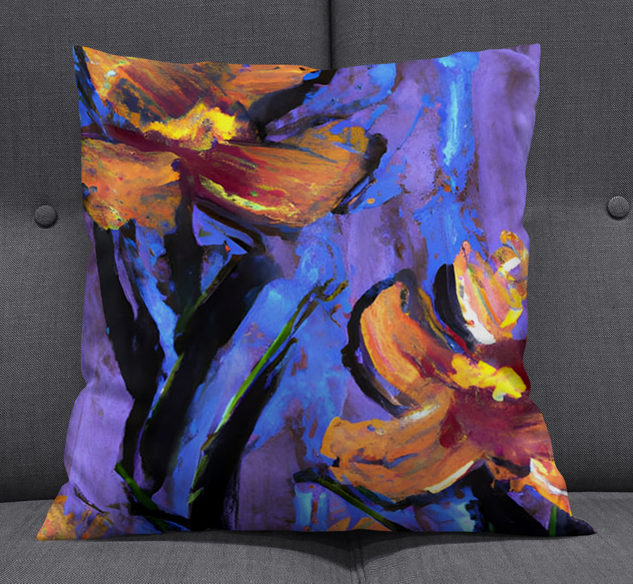 Purple and Orange Floral Expression Artwork Throw Pillow Cover
