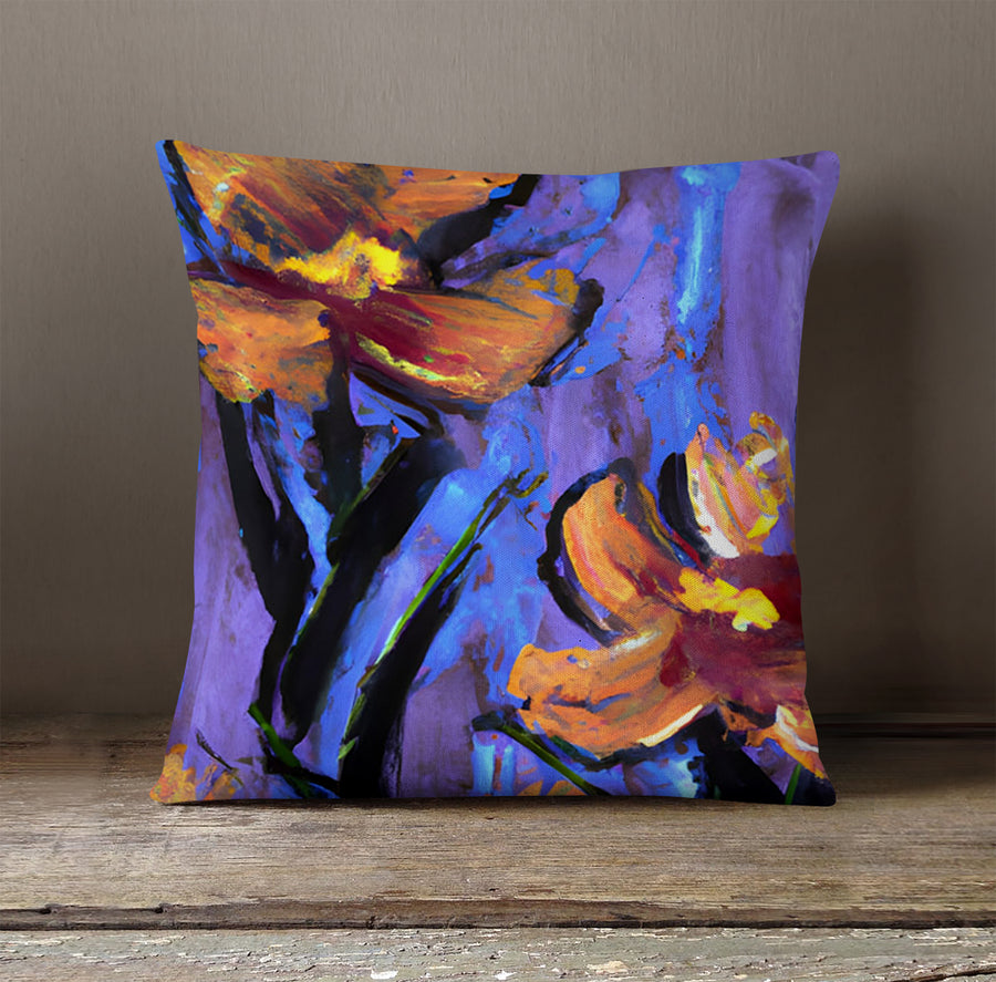 Purple and Orange Floral Expression Artwork Throw Pillow Cover