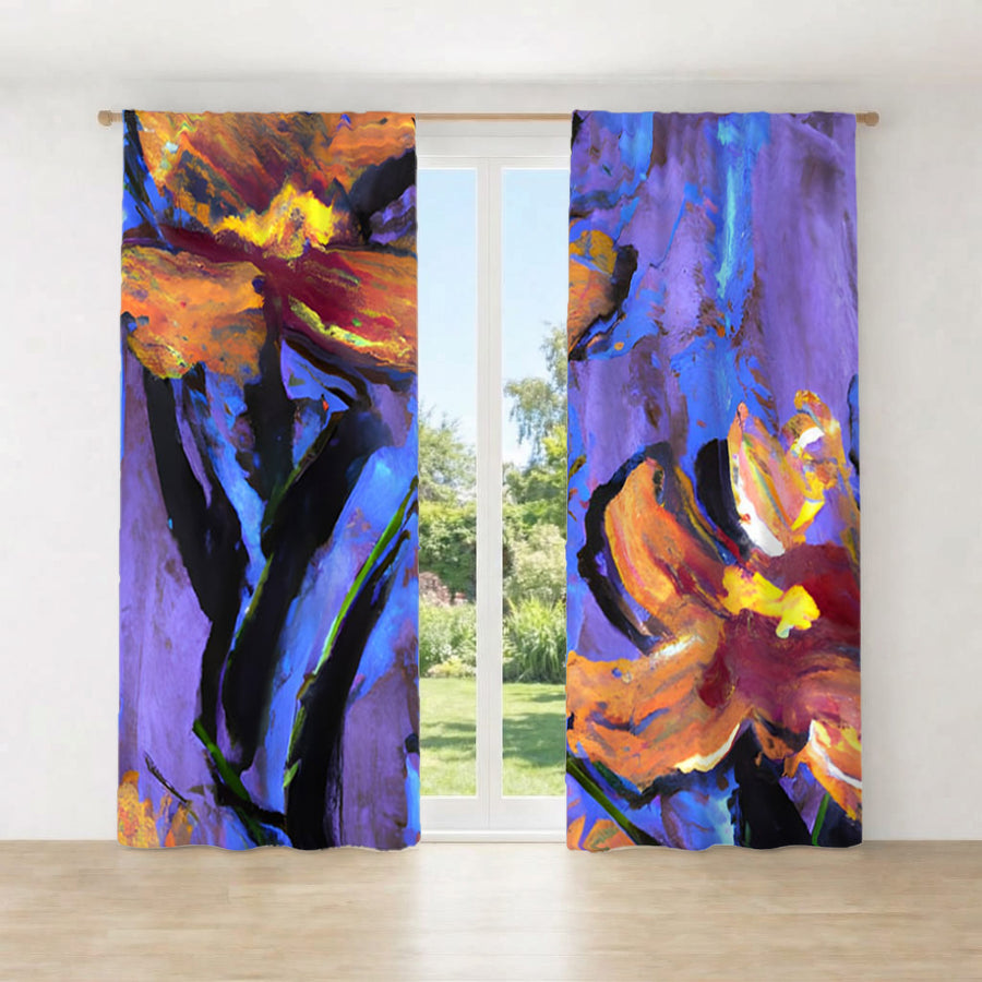 Purple and Orange Floral Expression Artwork Window Curtain