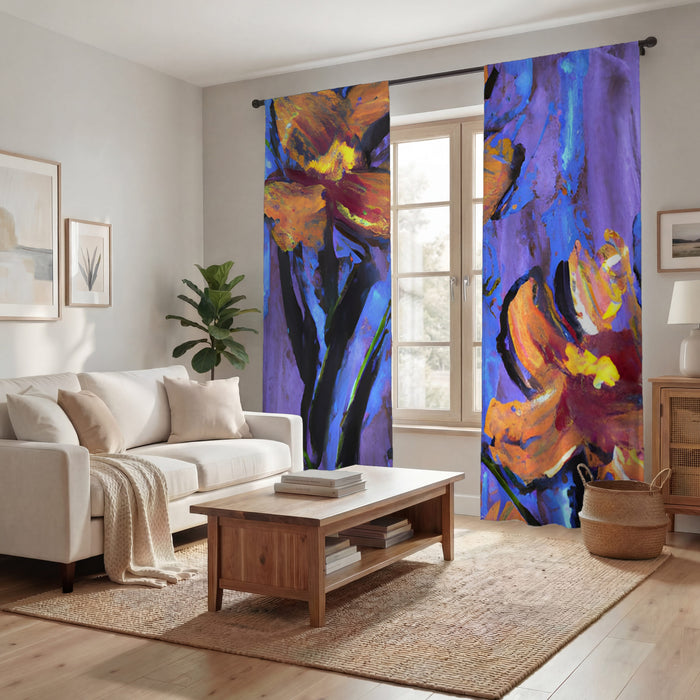 Purple and Orange Floral Expression Artwork Window Curtain