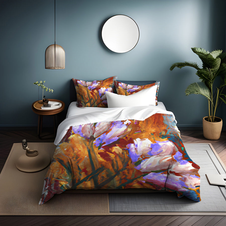 Orange and Purple Floral Garden Artwork Duvet Cover