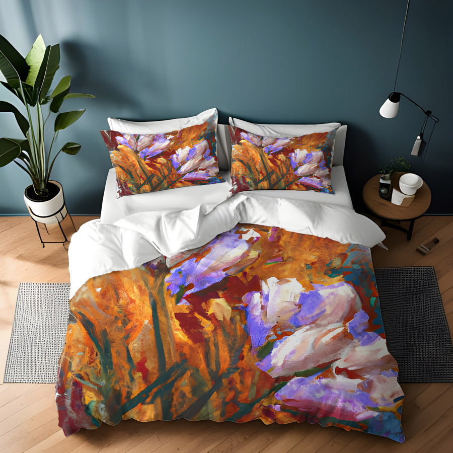 Orange and Purple Floral Garden Artwork Duvet Cover