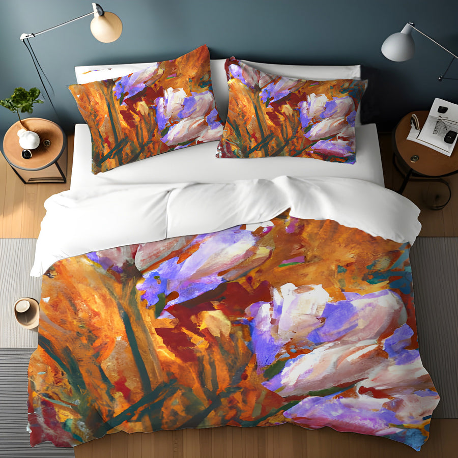 Orange and Purple Floral Garden Artwork Duvet Cover
