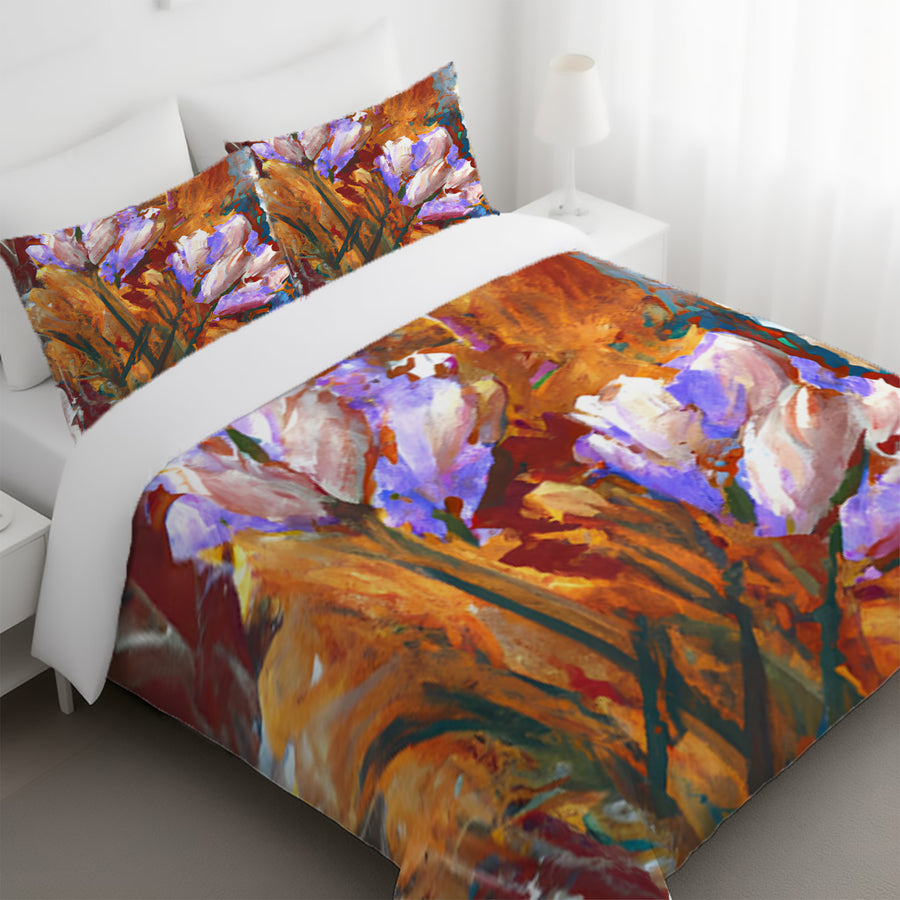 Orange and Purple Floral Garden Artwork Duvet Cover
