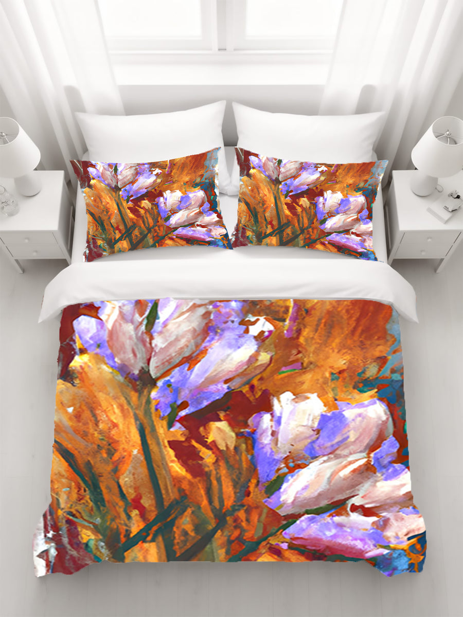Orange and Purple Floral Garden Artwork Duvet Cover