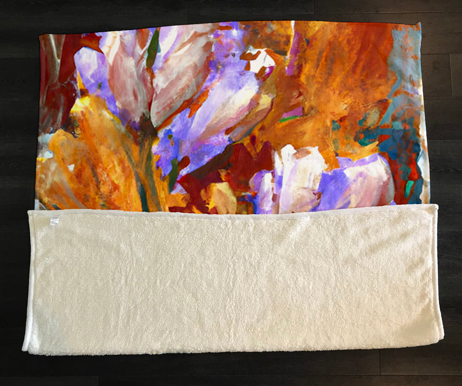 Orange and Purple Floral Garden Artwork Fleece Sherpa Blanket