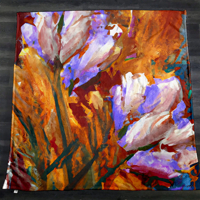 Orange and Purple Floral Garden Artwork Fleece Sherpa Blanket