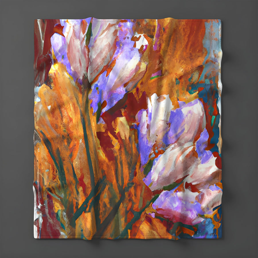 Orange and Purple Floral Garden Artwork Fleece Sherpa Blanket