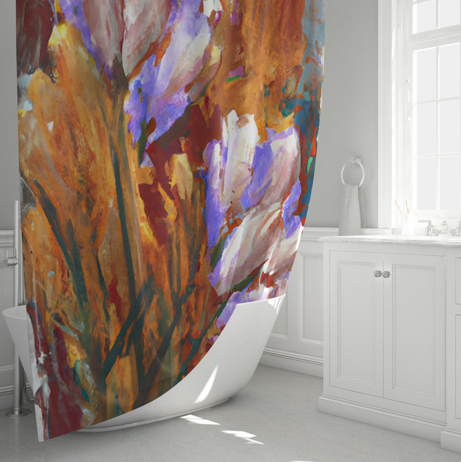 Orange and Purple Floral Garden Artwork Shower Curtain