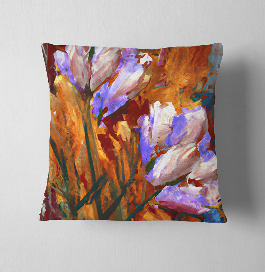 Orange and Purple Floral Garden Artwork Throw Pillow Cover