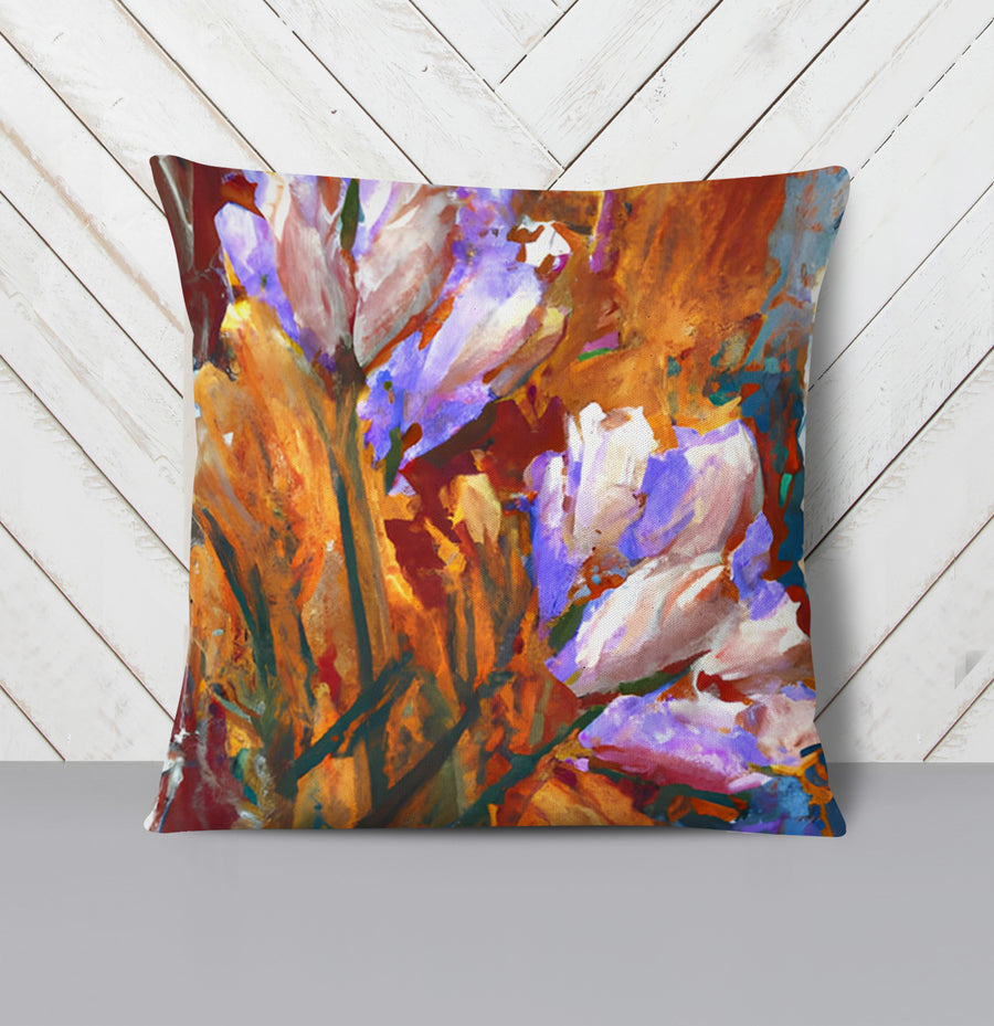 Orange and Purple Floral Garden Artwork Throw Pillow Cover