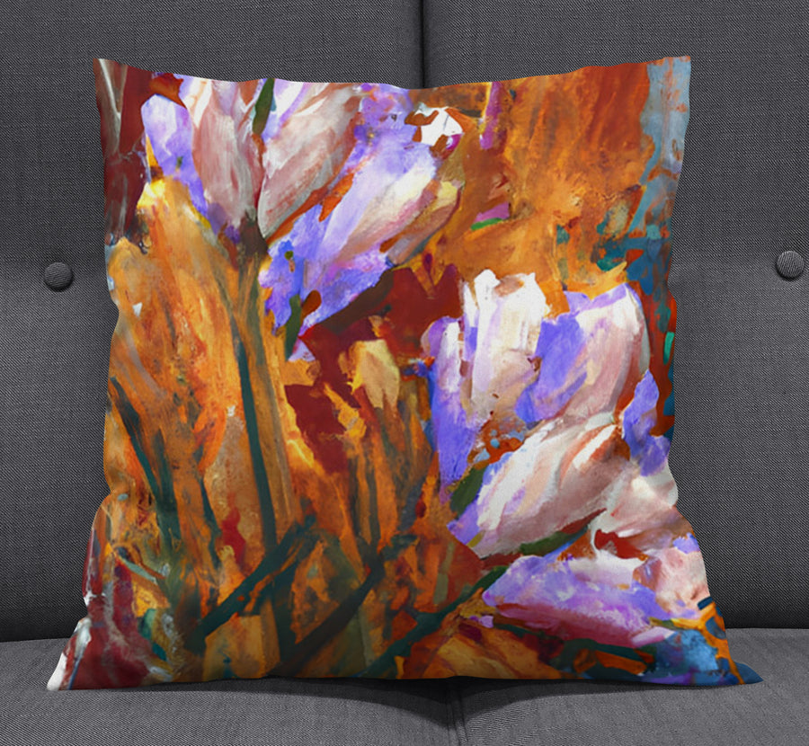 Orange and Purple Floral Garden Artwork Throw Pillow Cover