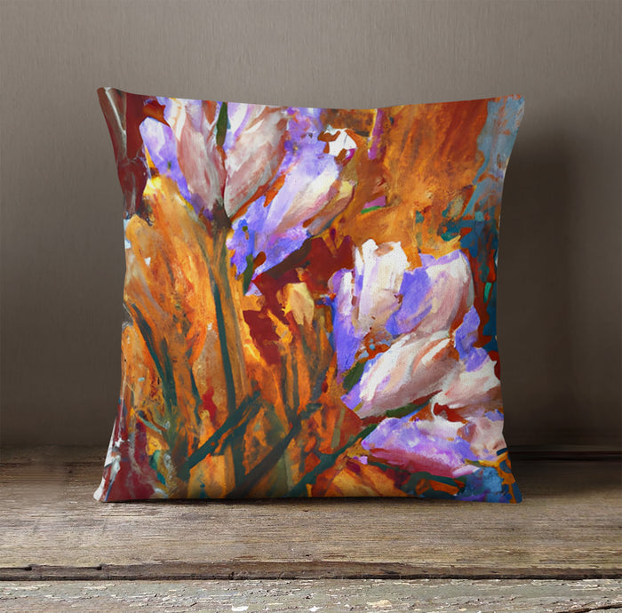 Orange and Purple Floral Garden Artwork Throw Pillow Cover