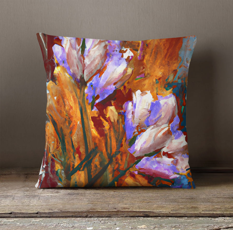 Orange and Purple Floral Garden Artwork Throw Pillow Cover