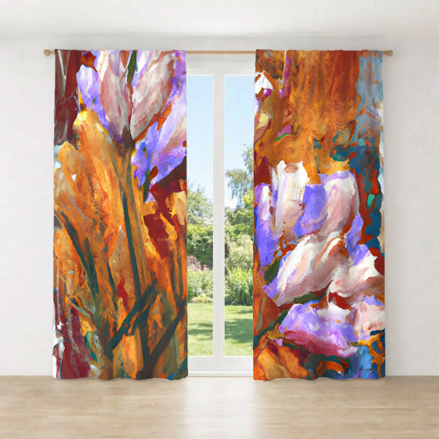 Orange and Purple Floral Garden Artwork Window Curtain