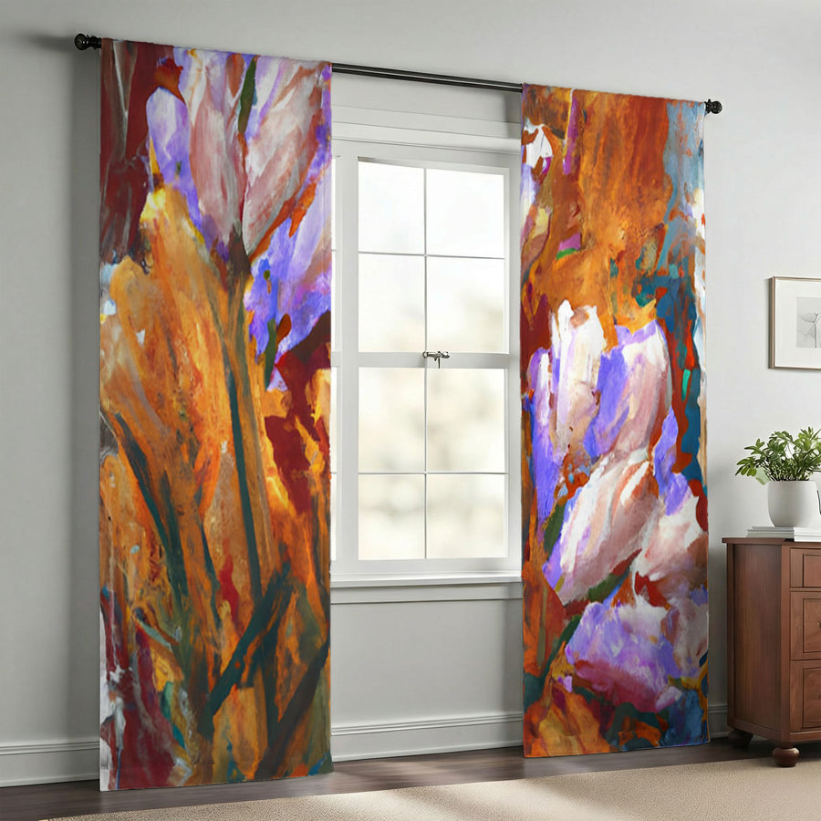 Orange and Purple Floral Garden Artwork Window Curtain