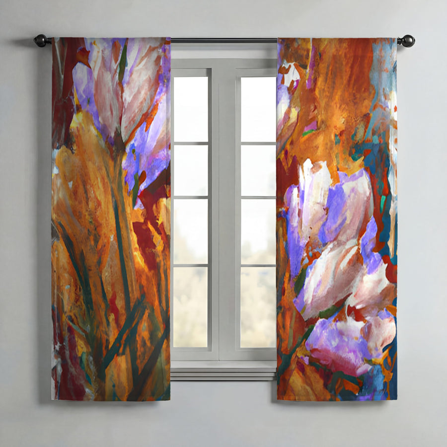 Orange and Purple Floral Garden Artwork Window Curtain