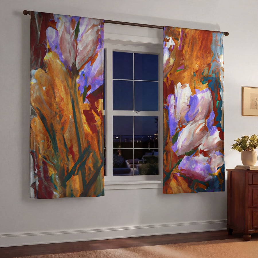 Orange and Purple Floral Garden Artwork Window Curtain