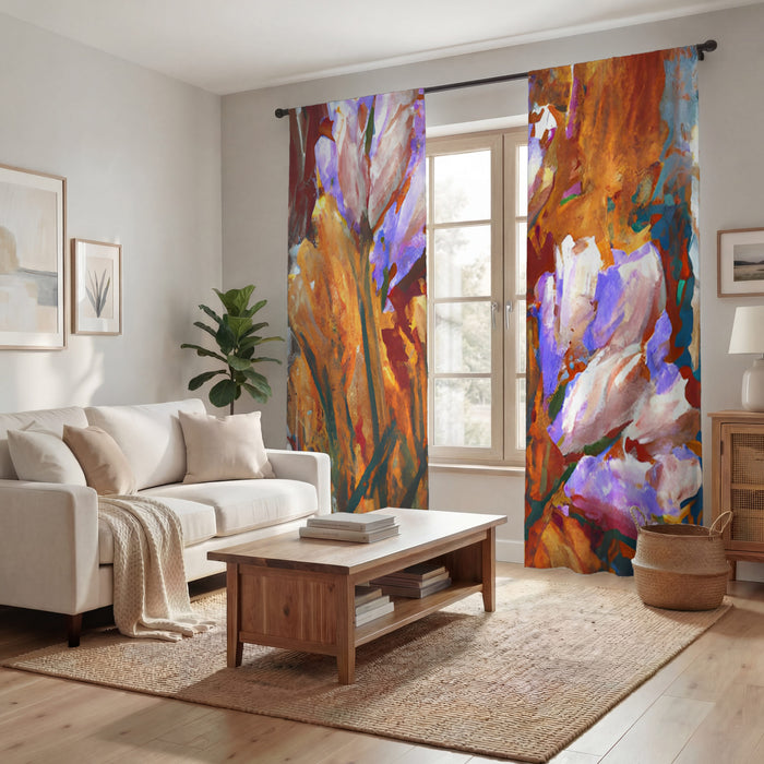 Orange and Purple Floral Garden Artwork Window Curtain
