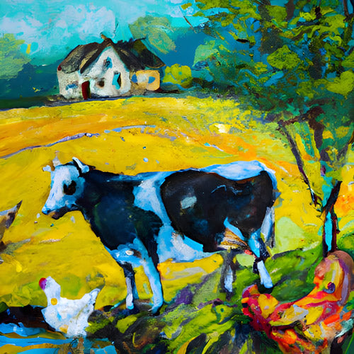 Green Pastoral Cow Landscape Artwork