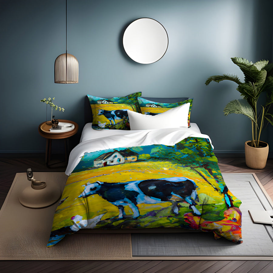 Green Pastoral Cow Landscape Artwork Duvet Cover
