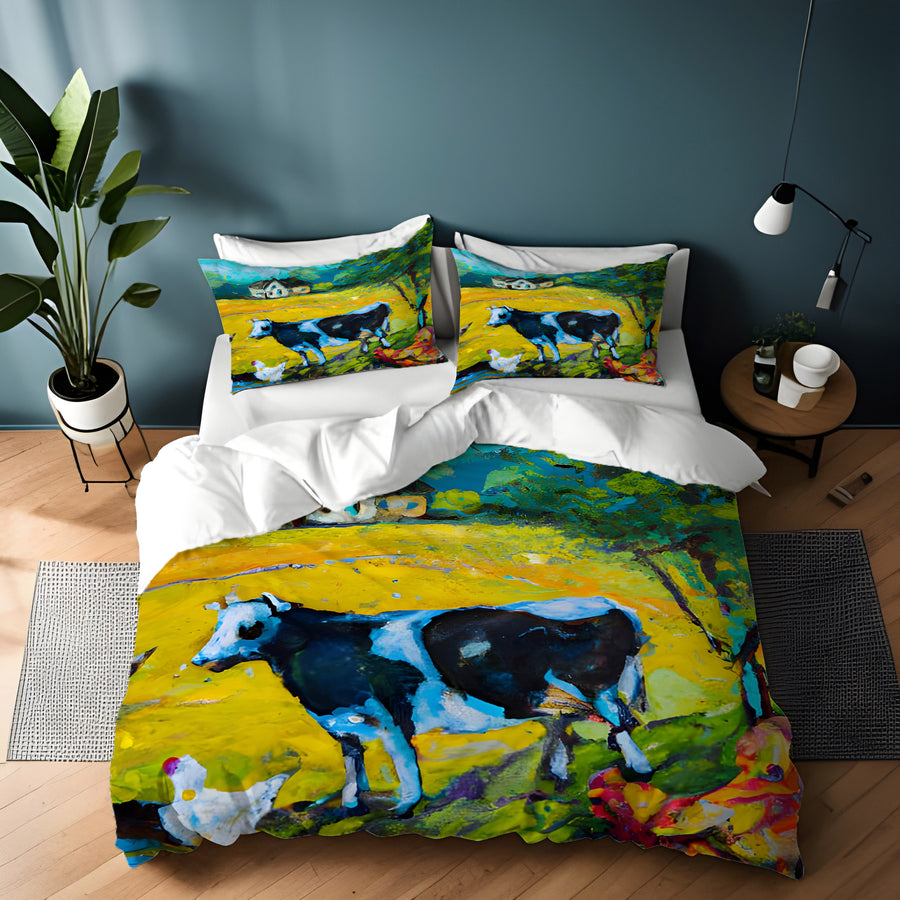 Green Pastoral Cow Landscape Artwork Duvet Cover