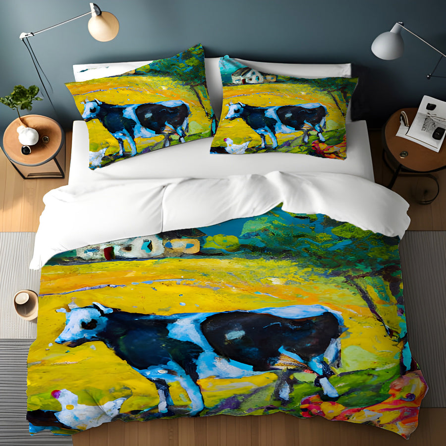 Green Pastoral Cow Landscape Artwork Duvet Cover