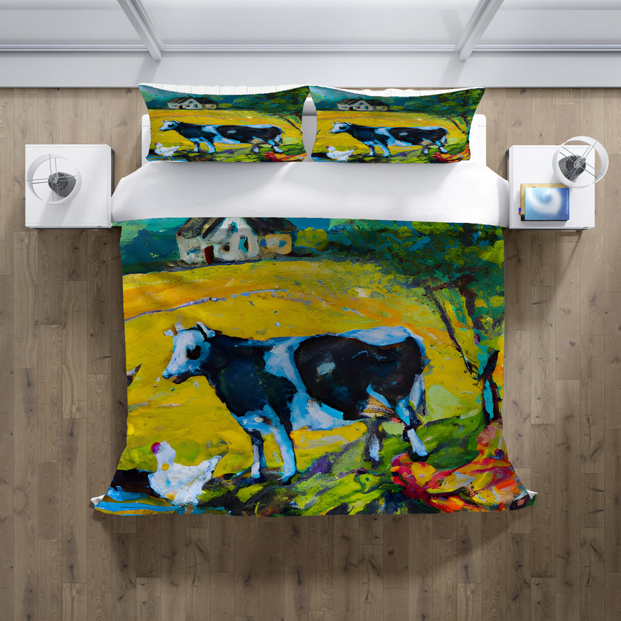 Green Pastoral Cow Landscape Artwork Duvet Cover