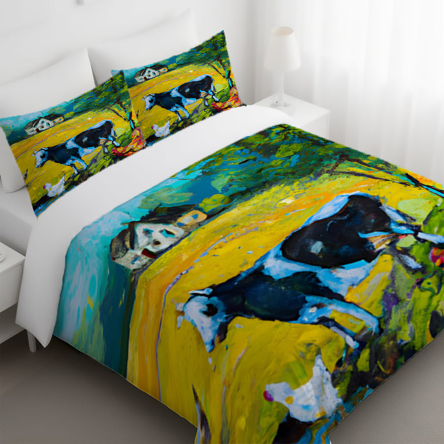 Green Pastoral Cow Landscape Artwork Duvet Cover