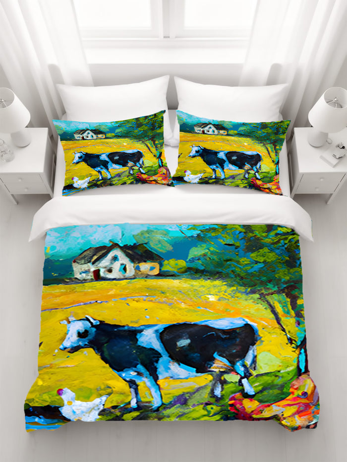 Green Pastoral Cow Landscape Artwork Duvet Cover