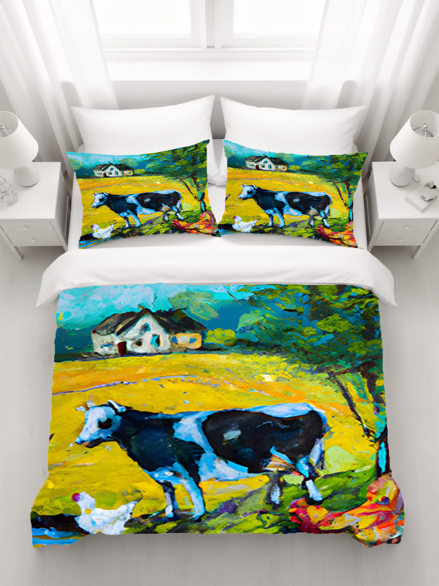Green Pastoral Cow Landscape Artwork Duvet Cover