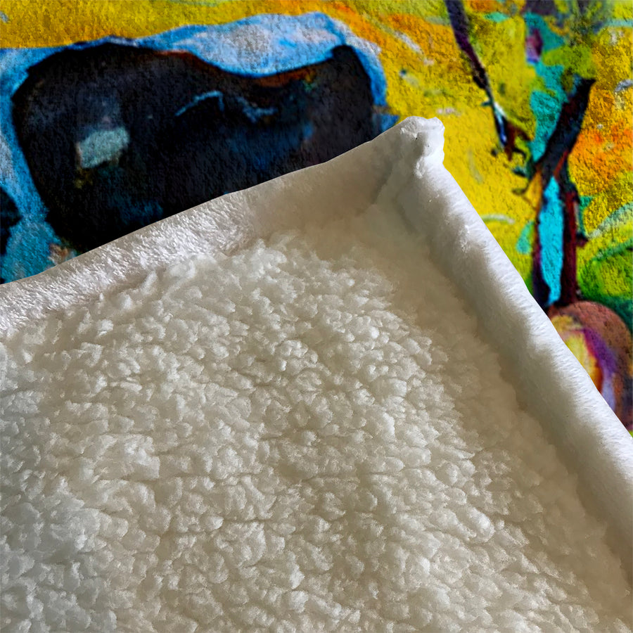 Green Pastoral Cow Landscape Artwork Fleece Sherpa Blanket