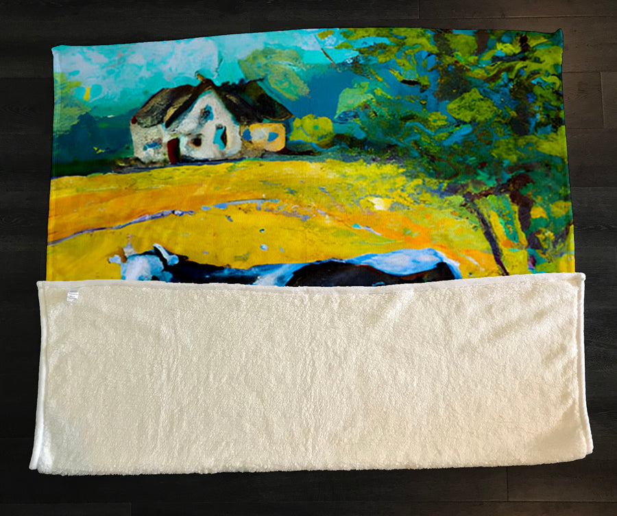 Green Pastoral Cow Landscape Artwork Fleece Sherpa Blanket