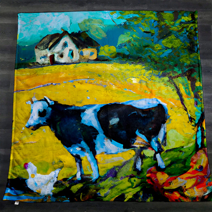 Green Pastoral Cow Landscape Artwork Fleece Sherpa Blanket
