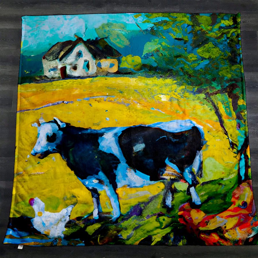 Green Pastoral Cow Landscape Artwork Fleece Sherpa Blanket