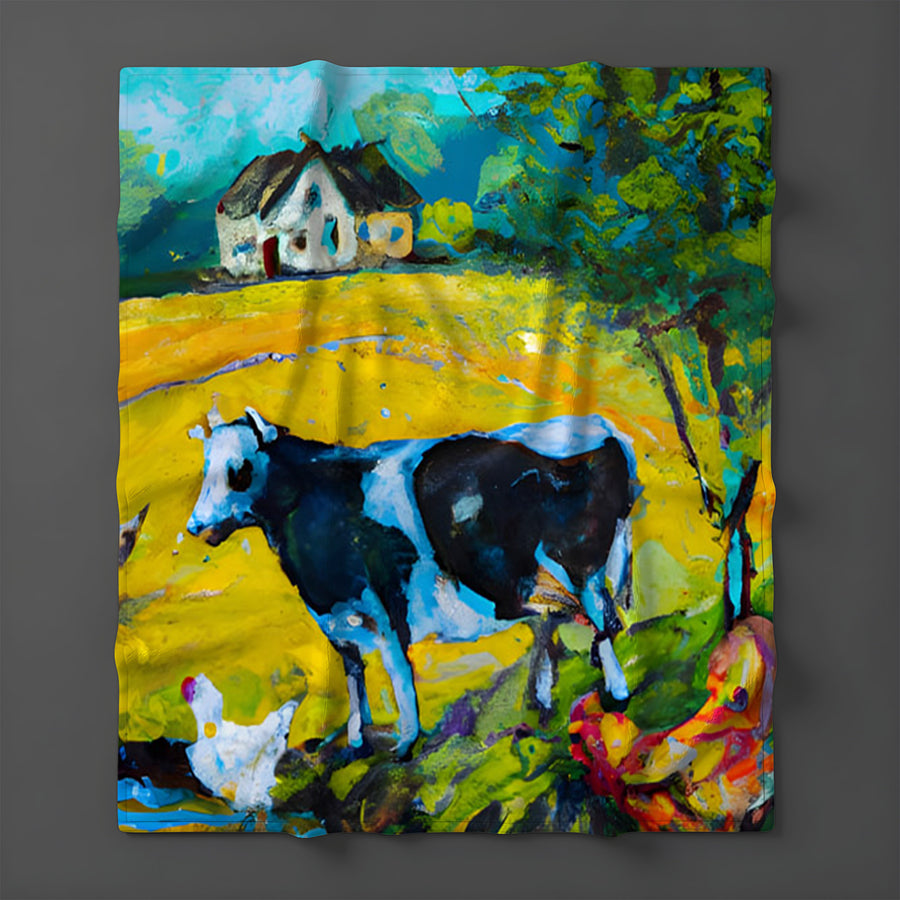 Green Pastoral Cow Landscape Artwork Fleece Sherpa Blanket
