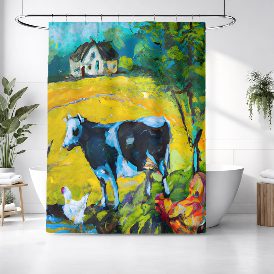 Green Pastoral Cow Landscape Artwork Shower Curtain