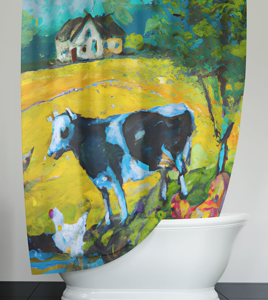 Green Pastoral Cow Landscape Artwork Shower Curtain