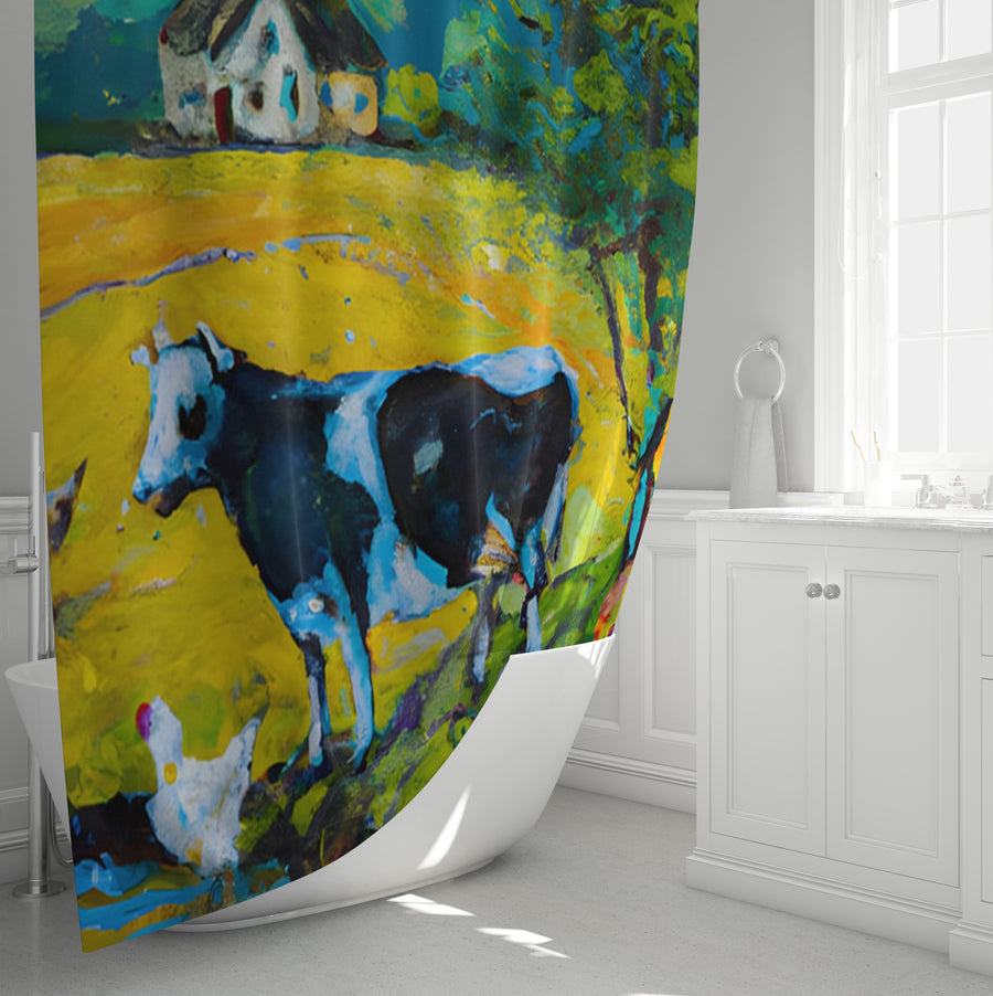 Green Pastoral Cow Landscape Artwork Shower Curtain