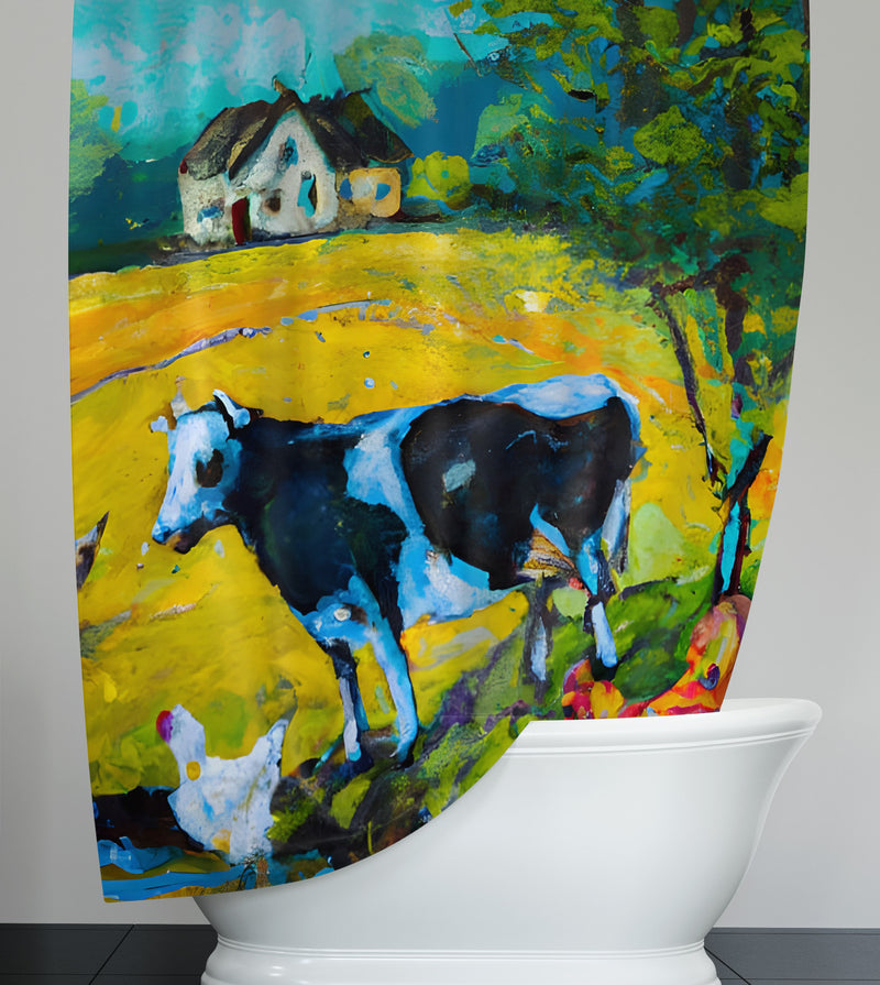 Watercolor Shower Curtain - Barnyard Morning on the Farm - Deja Blue Studios