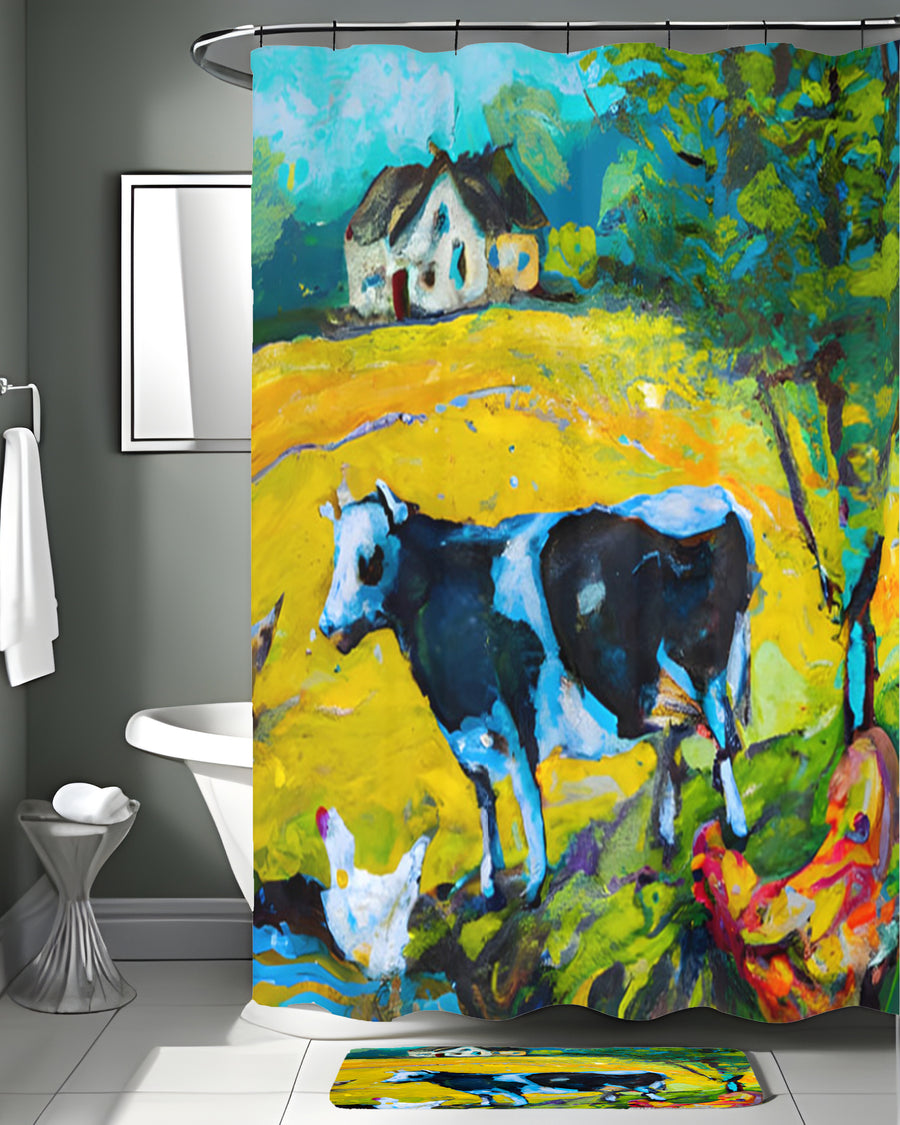 Green Pastoral Cow Landscape Artwork Shower Curtain