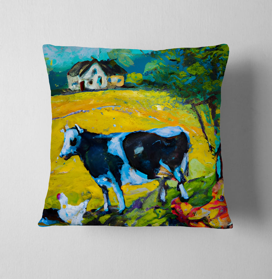 Green Pastoral Cow Landscape Artwork Throw Pillow Cover