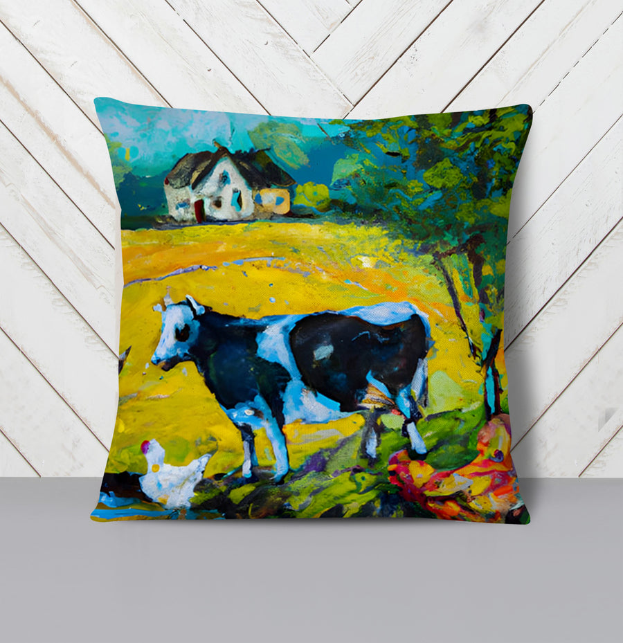Green Pastoral Cow Landscape Artwork Throw Pillow Cover