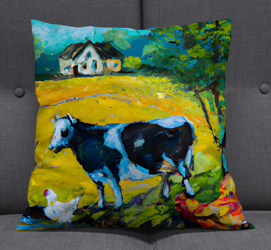 Green Pastoral Cow Landscape Artwork Throw Pillow Cover