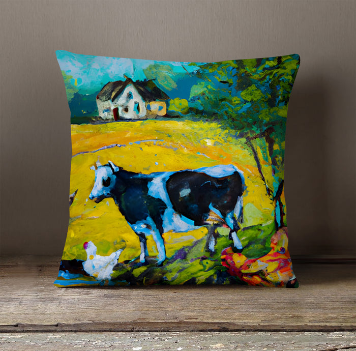 Green Pastoral Cow Landscape Artwork Throw Pillow Cover