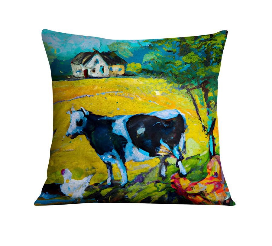 Green Pastoral Cow Landscape Artwork Throw Pillow Cover