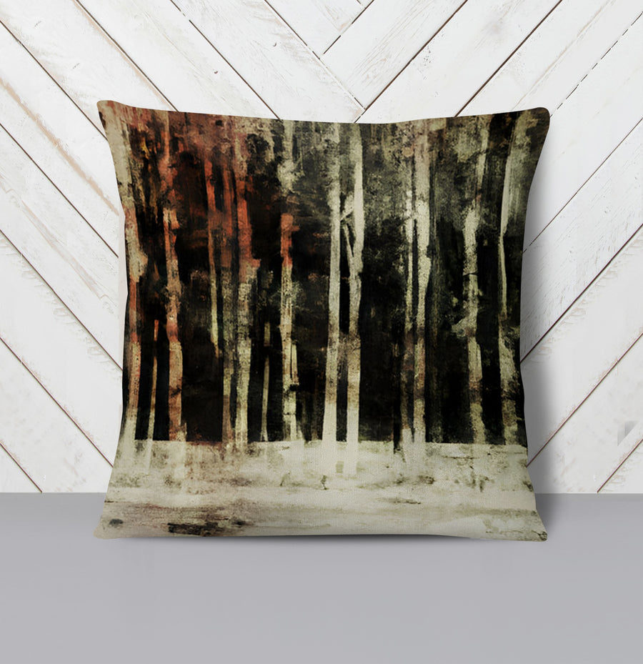 Beige Winter Forest Landscape Artwork Throw Pillow Cover